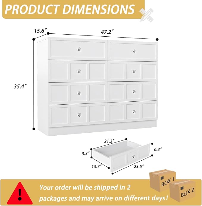 8 Drawer Dresser for Bedroom: 47" White Chest of Drawers with Deep Drawers, Tall Fluted Dresser with Storage, Modern Wood Dressers for Bedroom, Living Room