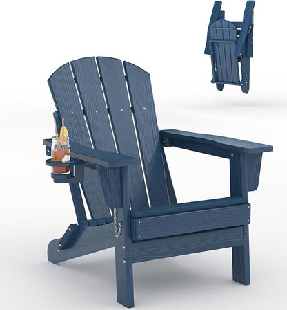 Garvee Folding Adirondack Chair, HDPE Outdoor Patio Chair with Cup Holder, All Weather Resistent Wooden Textured for patios, Decks, Gardens, fire Pit, Navy Blue