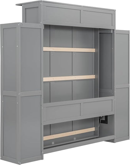 Ball & Cast Full Size Murphy Bed Wall Bed with Shelves and LED Lights,can be Folded,Hideaway Cabinet Bedframe W/ 2 Five-Layer Cabinets,Slat Support,No Box Spring Needed,for Apartment,Bedroom,Gray