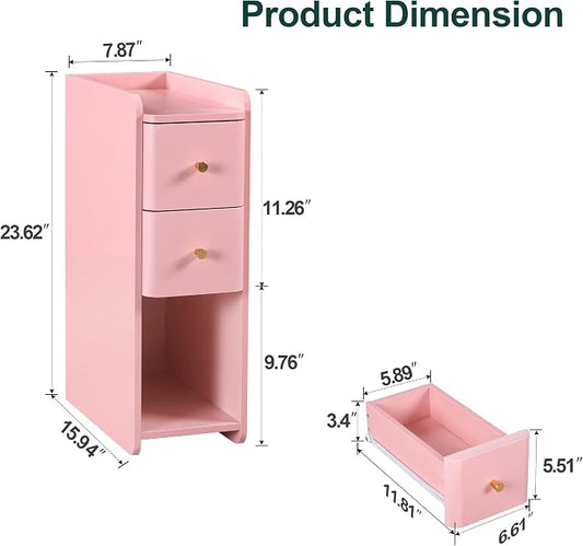Pink Narrow Nightstand, Wooden Small 2 Drawer Nightstand, Slim Side End Table, Skinny Bedside Table, Mid Century Modern Night Stand with Drawers, for Living Room (Pink-1 pc)