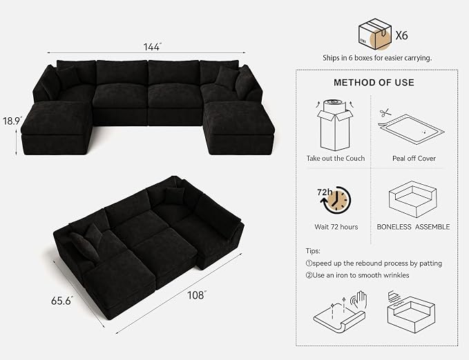 Cloud Sectional Couches for Living Room | 144 Inch U-Shaped Boneless Couch with Ottoman | Black Modular Sectionals Sofa Couch