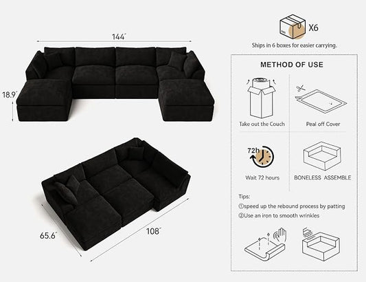 Cloud Sectional Couches for Living Room | 144 Inch U-Shaped Boneless Couch with Ottoman | Black Modular Sectionals Sofa Couch