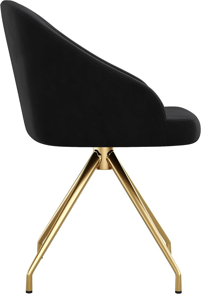 Martha Stewart Sora Stationary Swivel Task Chair with Sloped Arms for Home Office in Black Velvet with Polished Brass Frame