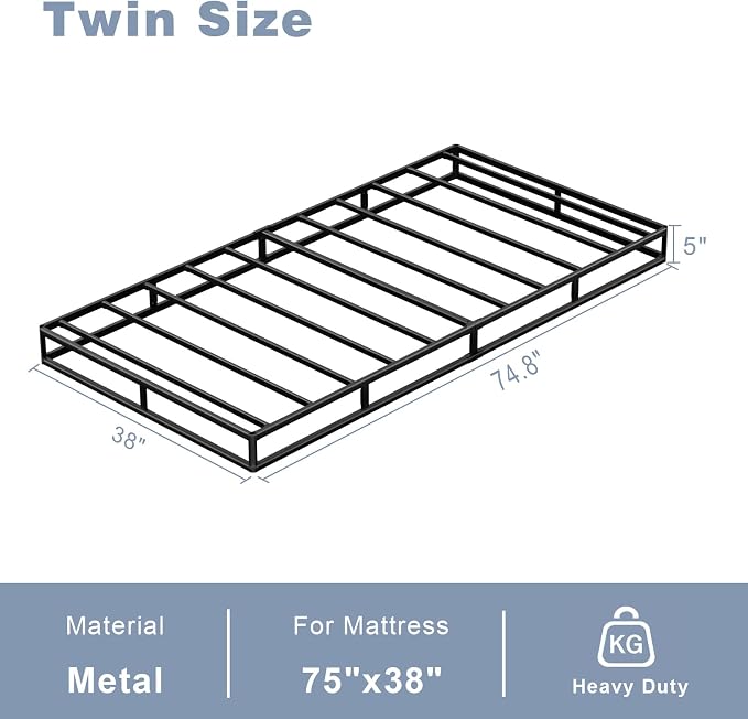 Tyndall Box Spring for Twin Bed, 5 inch Twin Box Spring Only, Strong Metal Frame Mattress Foundation, No Noise, Easy Assembly, Non Slip, Black