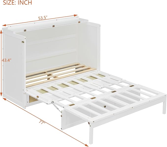 Bellemave Full Murphy Bed with Storage Drawer, Cabinet Bed, Farmhouse Murphy Cabinet with Foldable Panel, Noisy Free, for Guest Bedroom, Living Room, White with Rattan