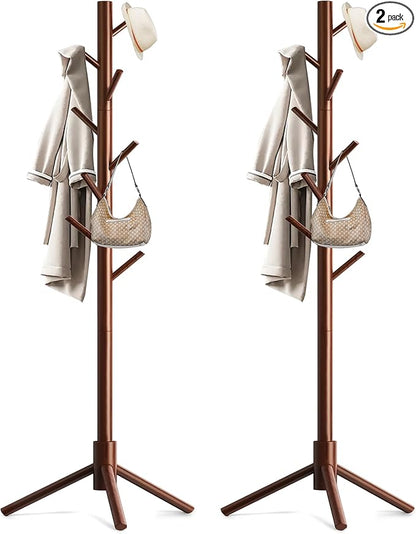 Aliphon Wooden Coat Rack Stand, Freestanding Coat Rack with 8 Hooks, 3 Adjustable Size Coat Tree for Hats, Coats, Scarves bags, Coat Hanger Stand Used in Bedroom/Office/Entryway,2 PCS (Brown)