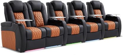 Weilianda Home Theater Seating Top Grain Leather Zero Gravity Recliner Chair Power Headrest Recline Movie Seat Gaming 7 Colors Mood Light Sofa with Tray Table Row of 5 Loveseat Left Black Camel