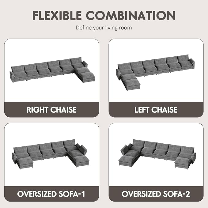Homall 232" Modular Sectional Sofa, Oversized Sofa Couch with Reversible Ottoman, DIY Combination Chenille Deep 6-Seat Cloud Couch for Living Room, Apartment (Light Grey, Oversized Sofa)