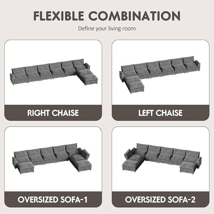 Homall 232" Modular Sectional Sofa, Oversized Sofa Couch with Reversible Ottoman, DIY Combination Chenille Deep 6-Seat Cloud Couch for Living Room, Apartment (Light Grey, Oversized Sofa)