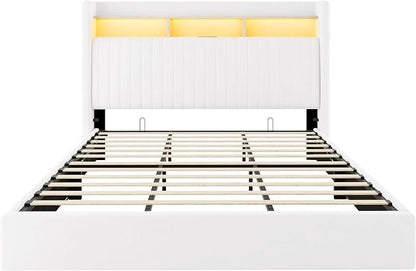 Allewie King Size Lift Up Hydraulic Storage Bed Frame, 2-Tier Shelf Headboard with LED Lights and Charging Station, USB and Type C Ports, Wingback Velvet Headboard, No Box Spring Needed, White
