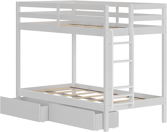 Grain & Grove Bear Twin Over Twin Bunk Bed with Storage Drawers, Sturdy Bunk Bed Frame for Kids, Plywood Bunk with Ladder, Guardrail, and Slats, No Box Spring Required, Brush White