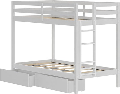 Grain & Grove Bear Twin Over Twin Bunk Bed with Storage Drawers, Sturdy Bunk Bed Frame for Kids, Plywood Bunk with Ladder, Guardrail, and Slats, No Box Spring Required, Brush White