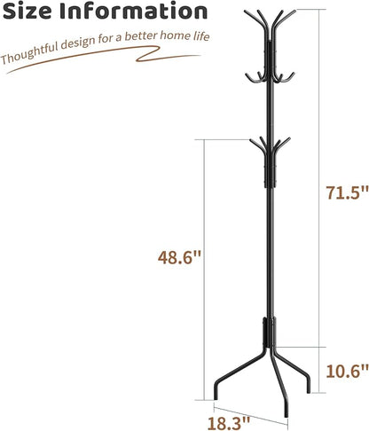 Coat Rack Freestanding Coat Tree Standing Coat and Hat Hanger Jacket Organizer Rack Metal,18.3" L x 18.3" W x 71.5" H, Black