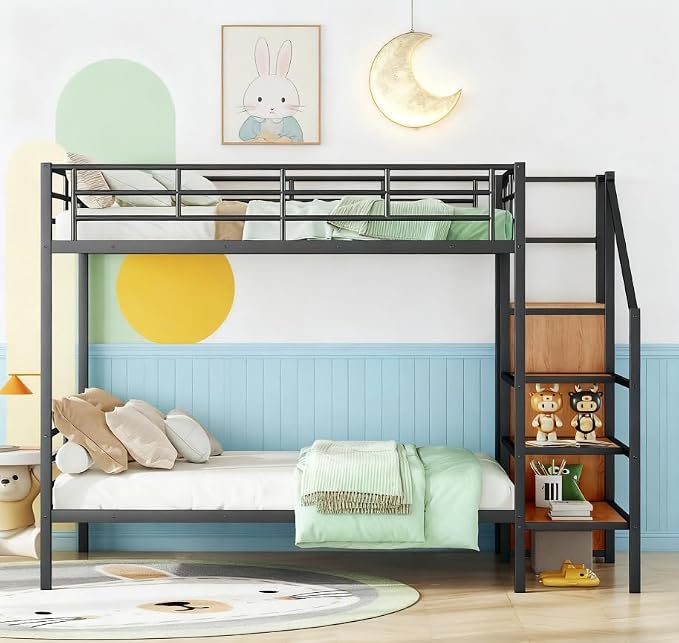 Bellemave Bunk Bed Full Over Full，Metal Bunk Bed with Storage Stairs and Wardrobe, Bunk beds for Adults/Kids/Teens, Black