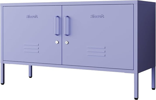 Purple Metal Accent Cabinet Locker with Lock, 2-Door Wide Storage Cabinet, Adjustable Shelves, Multifunctional TV Stand & Entertainment Center for Bedroom, Living Room