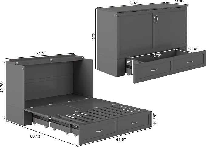 AFI Hamilton Queen Murphy Bed Chest with Mattress, Storage, and Built-in Charger in Grey