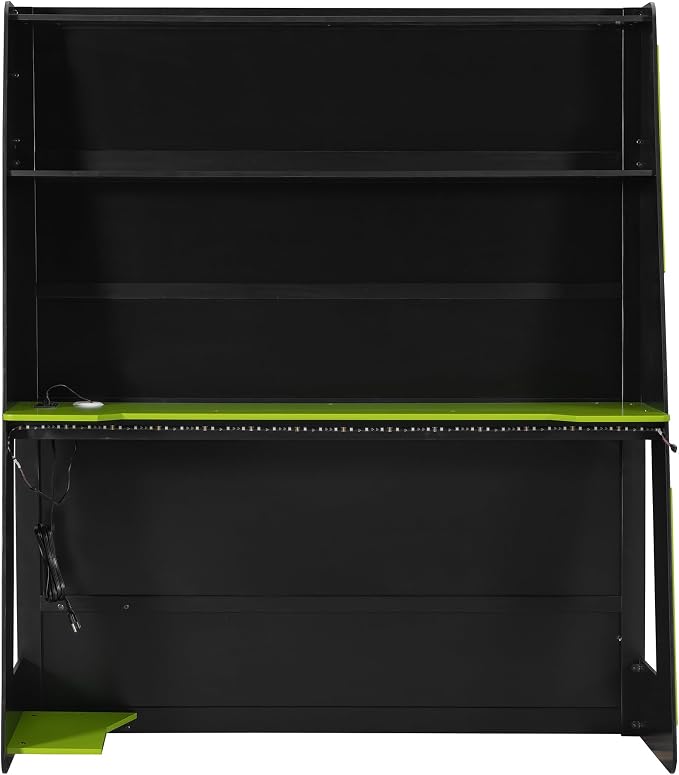 Merax Full Size Loft Bed with Desk, Multi-Storage Shelves and RGB Light | Space-Saving Wooden Gaming Bed Frame with Charging Station and Guardrail