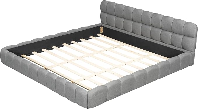 King Size Upholstered Platform Bed with Thick Fabric,Low Wood Grounded Bed W/Headboard & Footboard,Slat Support,No Box Spring Needed, Easy Assemble,Gray