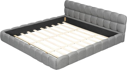 King Size Upholstered Platform Bed with Thick Fabric,Low Wood Grounded Bed W/Headboard & Footboard,Slat Support,No Box Spring Needed, Easy Assemble,Gray