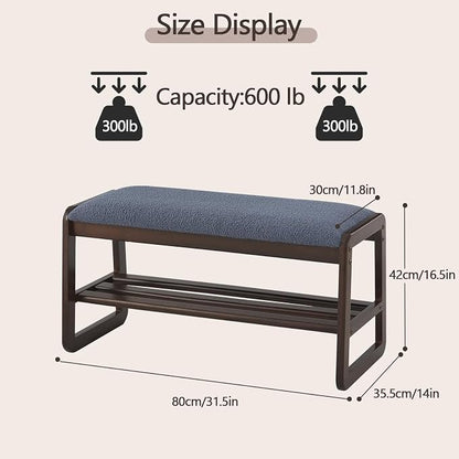 Achicsofar Shoe Rack Bench,2 Tier Solid Wooden Entryway Bench with Shoe Storage, Shoe Rack with Cushion for Living Room, Hallway(Grayish Blue, 31.5")