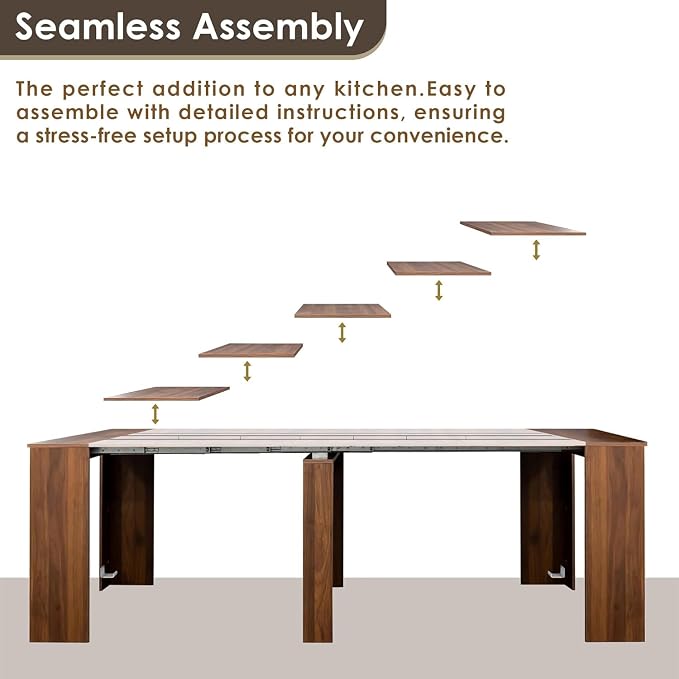 Extendable Dining Table, Transformer Extra Console Table for 1-12 People, Folding Space Saving Dining Room Table for Homes, Apartments, Walnut