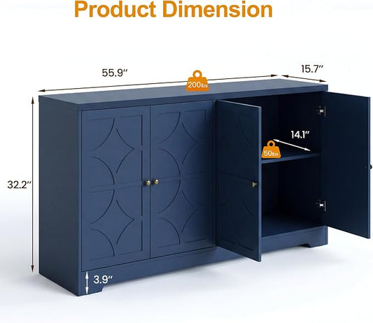 RoyalCraft 112'' Sideboard Buffet Cabinet with Storage, Modern Sideboard with 4 Carved Doors and Adjustable Shelves, Large Wood Coffee Bar Console Table for Kitchen, Dining Room, Blue