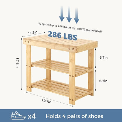 DUMOS Wooden Shoe Rack Bench with Storage, 3-Tier Bamboo Entryway Benches, Shoe Rack Holds Up to 286 lb Storage Organizer, 11.3 x 19.7 x 17.8 Inches, Suitable for Bedroom Living Room Balcony, Wood