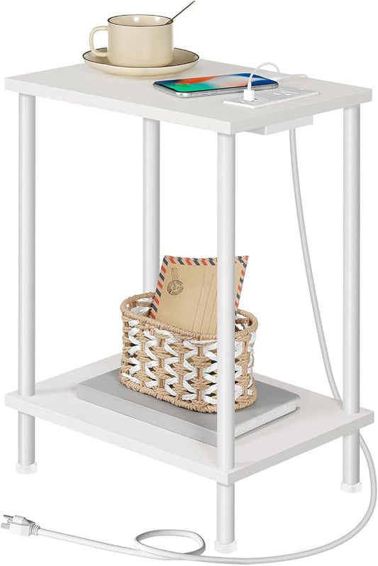 HOOBRO Side Table with Charging Station, End Table with USB Port and Outlets, Nightstand with 2-Layer Storage Shelves for Small Spaces, Living Room, Bedroom, White WW09UBZ01