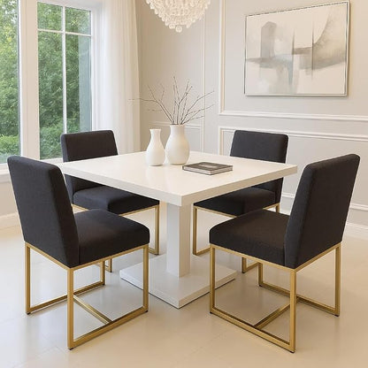 HNY Modern Dining Chairs Set of 2, Upholstered Linen Dining Room Chairs with Ergonomic Back & Polished Gold Metal Frame for Home, Kitchen, Apartment, Charcoal Black