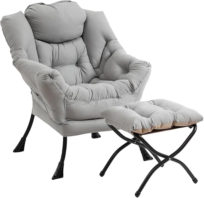 Furlide Lazy Chair with Ottoman, Modern Accent Chairs with Folding Footrest, Light Grey Sofa Chair Set, Comfortable Reading Chairs, Oversized Armchairs for Bedroom, Study, Living Room, Courtyard