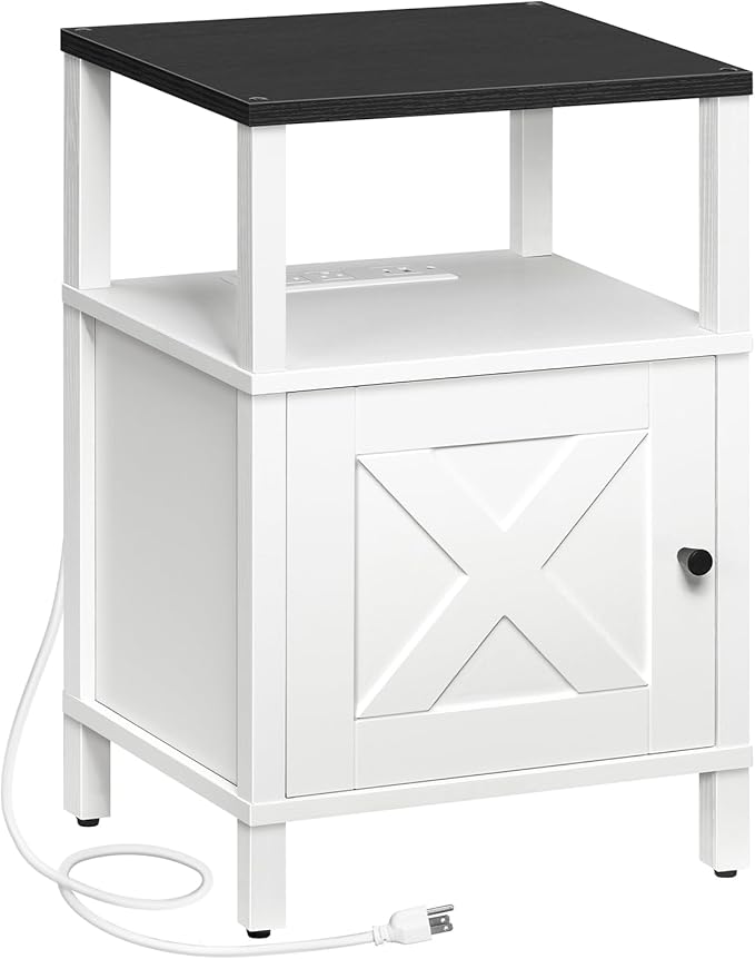 MAHANCRIS Farmhouse Nightstand with Charging Station, Barn Door End Table with USB Ports and Storage Cabinet, Bedside Table for Bedroom, Small Space, White and Black ETBW96E01