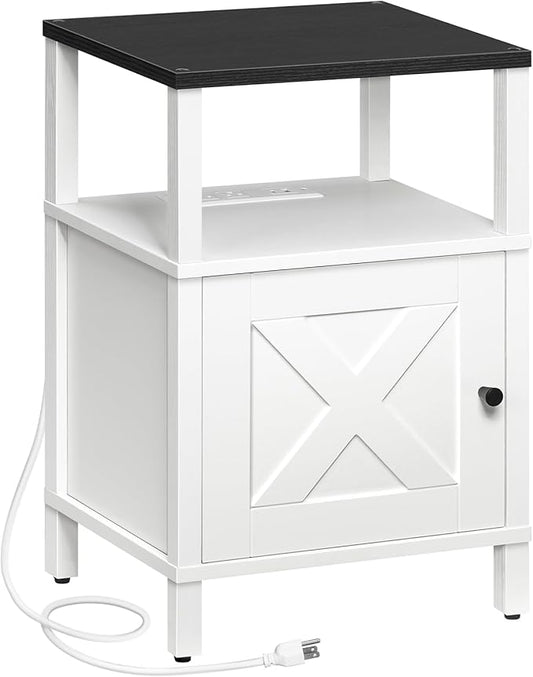 MAHANCRIS Farmhouse Nightstand with Charging Station, Barn Door End Table with USB Ports and Storage Cabinet, Bedside Table for Bedroom, Small Space, White and Black ETBW96E01