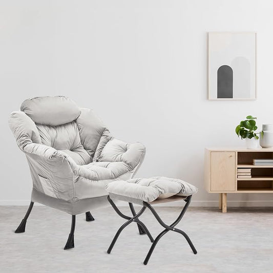 Youtanic Lazy Chair with Folding Ottoman, Accent Chair Velvet Upholstered with Metal Structure and Non-Slip Pads, Sofa Armchair with Footrest and Side Storage Bag for Dorm, Room, Office, Light Gray