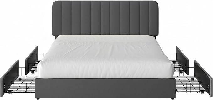 VECELO Queen Size Upholstered Bed Frame with 4 Drawers and Headboard, Velvet Platform Storage Bedframe, Wooden Slats Support, No Box Spring Needed,Dark Grey