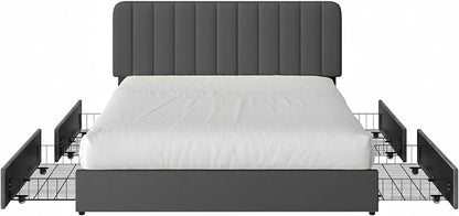 VECELO Queen Size Upholstered Bed Frame with 4 Drawers and Headboard, Velvet Platform Storage Bedframe, Wooden Slats Support, No Box Spring Needed,Dark Grey