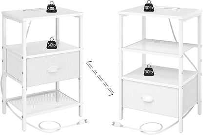 sthmec Nightstands Set of 2, Night Stands with Charging Station and Fabric Drawer PU Finish, Bedside Tables with Drawers, 2-Tier Side Table with Open Shelf, Nightstands with Charging Station,White