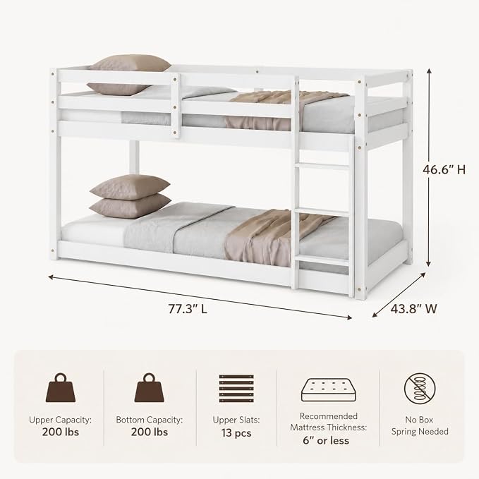 Twin Over Twin Bunk Bed, Low Profile Wooden Frame for Kids Bedroom, Floor Bunk with Ladder and Guardrails, Rubber Wood Construction, 13 Plywood Slats, No Box Spring Needed (White)