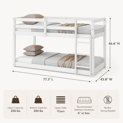 Twin Over Twin Bunk Bed, Low Profile Wooden Frame for Kids Bedroom, Floor Bunk with Ladder and Guardrails, Rubber Wood Construction, 13 Plywood Slats, No Box Spring Needed (White)