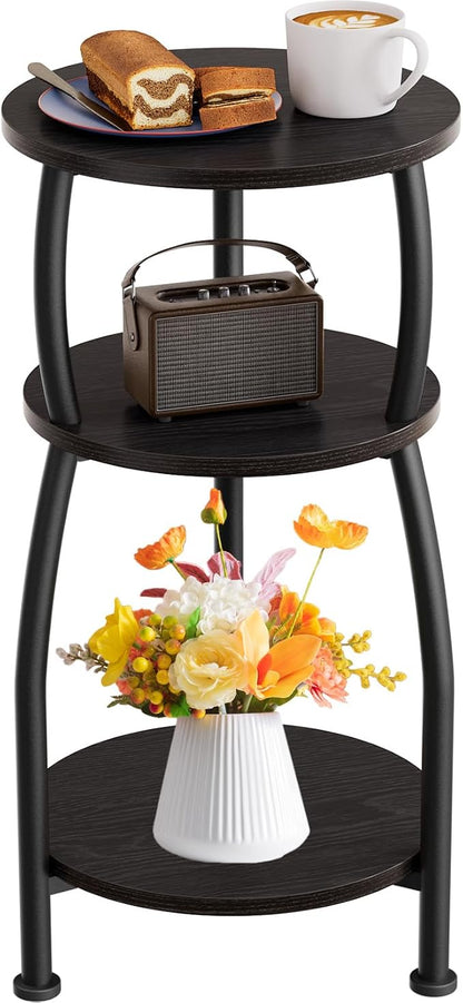 Small Round Side Table, 3-Tier End Table with Storage Shelf, Slim Sofa Table Coffee Table, Sturdy & Easy Assemble Nightstand for Small Spaces, Living Room Bedroom Corner, Black