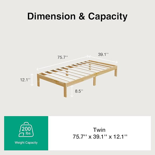 Novilla 12 Inch Wooden Twin Bed Frame, Platform Twin Size Bed Frame Without Headboard, Sturdy Wood Slat Support, No Box Spring Needed, Easy Assembly, Pine