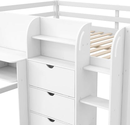 Bellemave Full Size Low loft Bed with Desk, for Kids,Wood Modern Farmhouse Full Loft Bed with Storage Cabinets,Bookcase, No Box Spring Needed, White