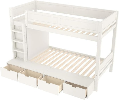 Bellemave Twin Over Twin Bunk Bed with Storage Drawers,Solid Wood Bunk Bed with Built-in Wardrobe,Storage Shelf and Safety Guardrails for Kids Girls Boys,Ivory