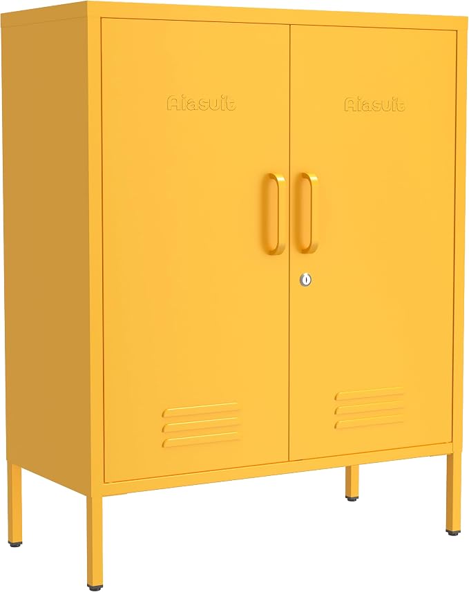 Multipurpose Accent Cabinet Locker, Metal Storage Cabinet with 2 Adjustable Shelves, Heavy Duty & Lockable Organizer Made of Thickened Steel, Easy Assembly for Home, Entryway, Yellow