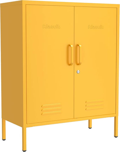 Multipurpose Accent Cabinet Locker, Metal Storage Cabinet with 2 Adjustable Shelves, Heavy Duty & Lockable Organizer Made of Thickened Steel, Easy Assembly for Home, Entryway, Yellow