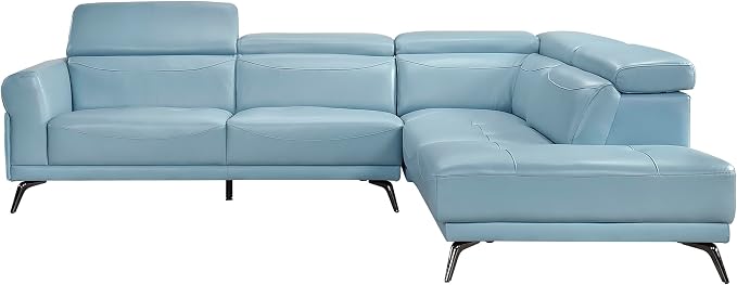 Lexicon L-Shaped Sectional Couch with Right Chaise, Top Grain Leather Match Sectional Sofa, Adjustable Headrests, Black Chrome Metal Legs, High-Density Cushions, Stitching, for Living Room, Blue