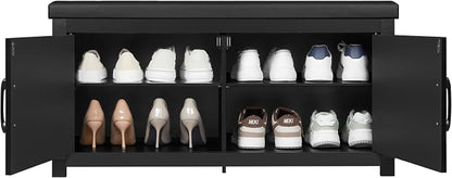 Hzuaneri Shoe Storage Bench, 2 Tier Shoe Bench with Padded Seat Cushion & 2 Barn Doors, Entryway Bench with Adjustable Shelf, Farmhouse Shoe Cabinet for Living Room, Bedroom, Black SB26606BK