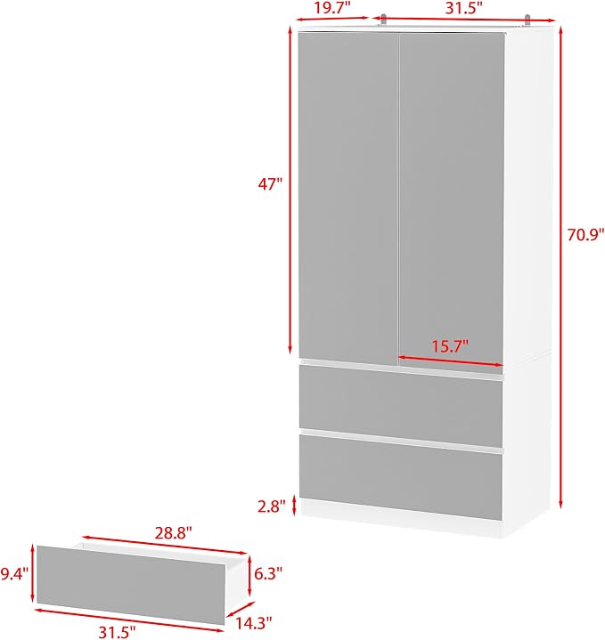 WOODTIME Wardrobe Closet with All Mirror, Wooden Armoire with 2 Doors, 2 Drawers & Hanging Rod, Clothes Storage Cabinet Organizer for Bedroom Apartment, White
