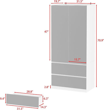 WOODTIME Wardrobe Closet with All Mirror, Wooden Armoire with 2 Doors, 2 Drawers & Hanging Rod, Clothes Storage Cabinet Organizer for Bedroom Apartment, White