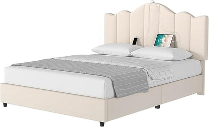 VECELO Full Size Platform Bed Frame with Type-C & USB Charging Stations/4 Storage Drawers, Upholstered Adjustable Headboard, Strong Wooden Slats Support, No Box Spring Needed, Easy Assembly