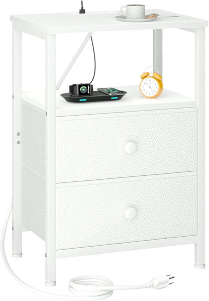LOAKEKEL Night Stand, Nightstand with Charging Station, Slim Industrial Bedside Table with 2 Fabric Drawers, Small End Table with USB & Type-C Ports for Bedroom, White, HETS020WT-1